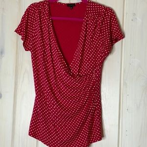 Talbots red and polka dot white wrap top, size M